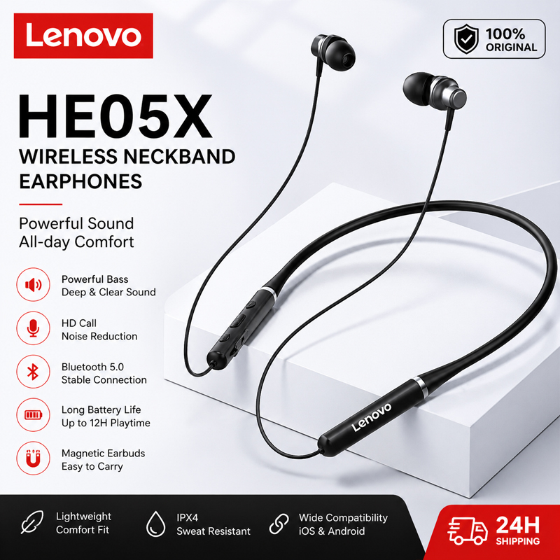 Magnetic Neckband Sports Earphones - 100% ของแท้เลอโนโว HE05X หูฟังบลูทูธหูฟังกันน้ำที่อุดหูเสียงไฮไฟแม่เหล็กชุดหูฟังแบบคล้องคอหูฟังกีฬา
