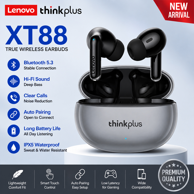 Type C Wired Earphones With Mic - หูฟังไร้สาย Lenovo XT88 TWS ของแท้ บลูทูธ